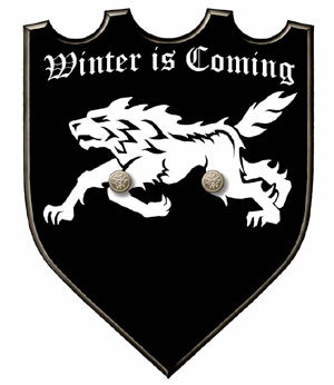 Detailed depiction of house stark's direwolf sigil on a shield