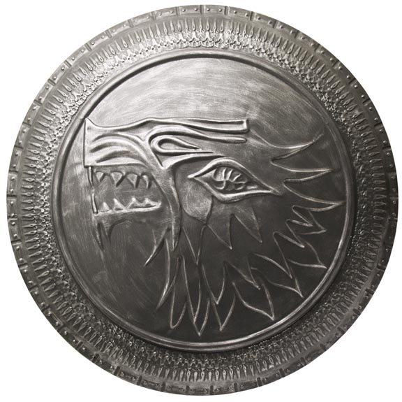 Detailed depiction of house stark's direwolf sigil on a shield